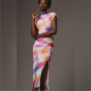 The Maya Ruched Cowl-Neck Mesh Edition Dress - S